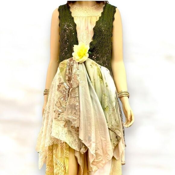 Green Crochet Vest  Multi Colored Long Asymmetrical Trim Kimono Cardigan NEW - Picture 2 of 4